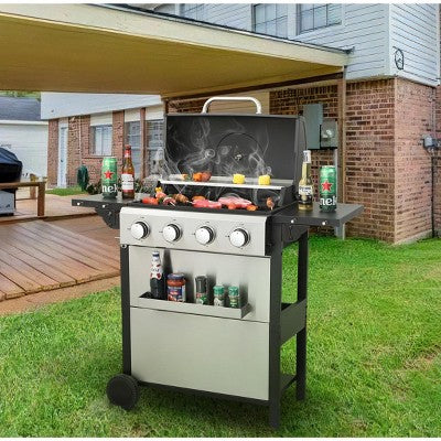 Okak Bbq Grill with 3/4-Burner, Portable Grill with Wire Enamel Cooking Grids and Foldable Side Table, Outdoor Grill with Wheels