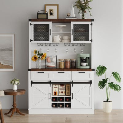Farmhouse Buffet Cabinet with Sliding Barn Door,Sideboard Coffee Wine Bar Cabinet w/ 3 Drawers