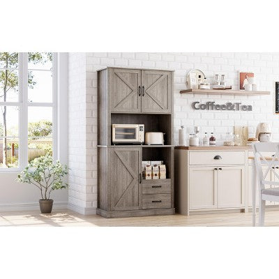 Modern Kitchen Pantry Hutch with Microwave Stand,Tall Bar Cabinet, Adjustable Shelves & Drawers, Large Wood Storage for Dining/Living Room