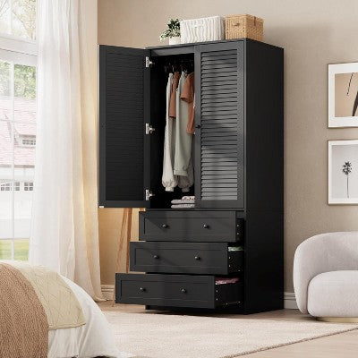 Acekool 69.5" Armoire Wardrobe Closet with Drawers, Wooden Storage Cabinet with Hanging Rod, Louvered 2-Door for Bedroom