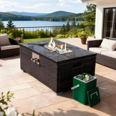 32" Propane Gas Fire Pit Table, 50000 BTU Rectangular Fire Pit, Tile Tabletop with Beautiful Wicker Base for Outside Patio Deck Garden Courtyard-Brown