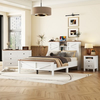 3-Piece Farmhouse Bedroom Sets, Full/Queen Size Platform Bed with Storage Nightstand and Dresser 4W - ModernLuxe