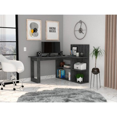 PAGED Computer Desk with LED Lights, Reversible Home Office Desks with Power Outlet & Storage Shelves for Living Room, Home Office