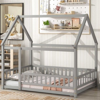 CAVINAS Twin Size Wood Montessori Bed with Guardrails and House Roof Frame,Modern House-Shaped Floor Bed Frame,Toddler Bed for Bedroom