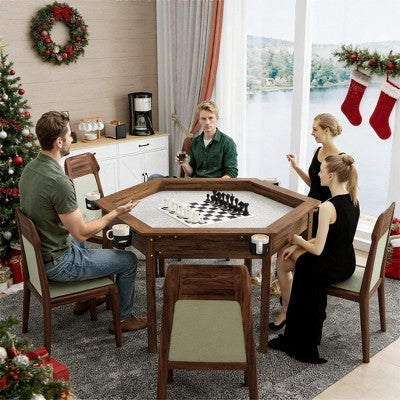 JVNOXKHexagonal Detachable Tabletop Board Game Table with Rotating Cup Holder, Solid Wood Legs（No chairs included)-Rustic Brown