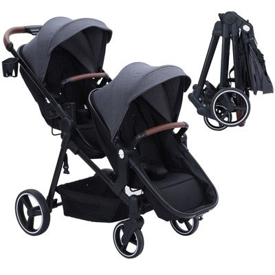 Double Stroller Track Tandem Stroller, Foldable Pushchair Bassinet Pram, Multi-Position Reversible & Adjustable Backrest