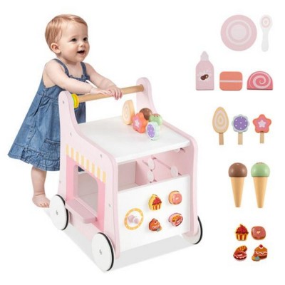SEVOBAL Baby Walkers 2-in-1 Activity Center with Dessert Sorter Adjustable Clock Maze Shop Window for Toddlers, Pink, 12.5"*14"*16.5"
