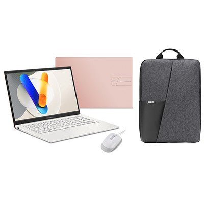 ASUS Vivobook 14" FHD Laptop Intel Core 5 120U 8GB RAM 512GB SSD Berry Pink with Wired Optical White Mouse + Black Backpack