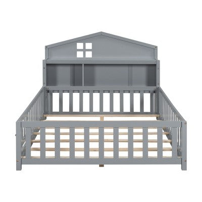 TiramisuBest Full-Size Floor Bed with Bookcases & Chalkboard, Kids & Teens Platform Bed with Guardrails, Grey