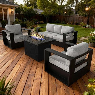 LayinSun 4 Piece Oversized Aluminum Outdoor Furniture Set, Patio Sofa Sets with Fire Pit Table, Deep Seating and Upgraded 6-inch Cushions