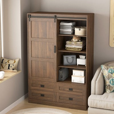 KTMBDW Armoire Wardrobe Closet, 71" H Wooden Clothing Storage Cabinet with Barn Door and 2 Drawers, Bedroom Freestanding Wardrobe with Hanging Rod