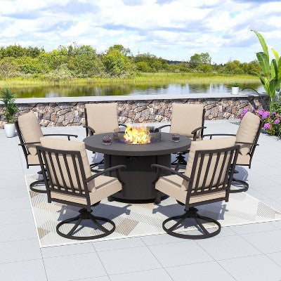 ALAULM 7 Piece Metal Outdoor Patio Furniture Set with Round Fire Pit Table, 6 Swivel Rocking Chairs with Thick Cushion and 40000 BTU Fire Pit Table