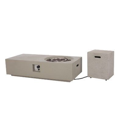GDFStudio Fernhill Outdoor 50,000 BTU Lightweight Concrete Rectangular Fire Pit Table with Tank Holder, Light Gray
