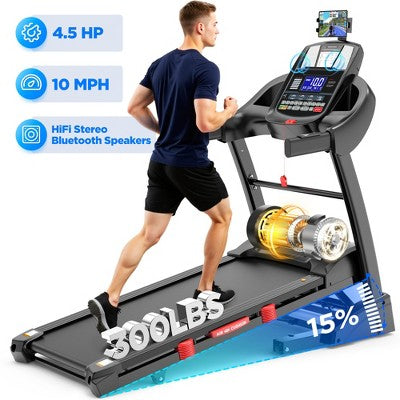 4.5HP Foldable Electric Treadmill Running Machine Exercise Home, Low Noise, 15% Auto Incline,300 Lb Capacity, Bluetooth