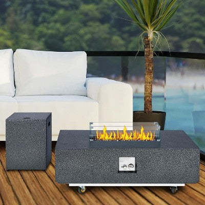 50,000 BTU Outdoor Propane Gas Fire Pit Table with Wind Guard, Removable Lid, Glass Rocks, Rain Cover for Patio