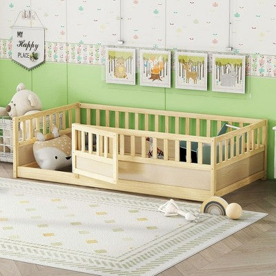 CAVINAS Twin/Full Size Bed Frame with High Security Barrier,Modern Floor Bed for Kids Room,Bedroom
