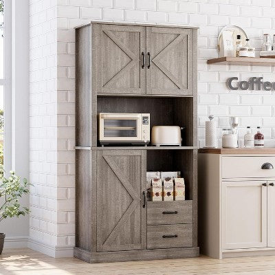 Modern Kitchen Pantry - Microwave Stand w/ Drawers & Adjustable Shelves, Tall Storage Cabinet for Dining Room