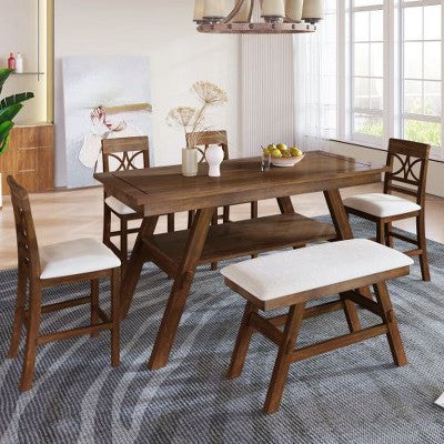Kumasinova 6-Piece Farmhouse Counter Height Dining Set, 60" Table with Storage Shelf, 4 Chairs & Bench, Rustic Kitchen Table Set