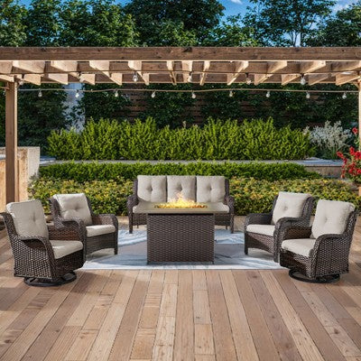 POCASSY 6-Piece Outdoor Furniture Set with Fire Pit Table, All Weather Wicker Outdoor Conversation Set Patio Sofa Set with Swivel Chairs and Fire Pit