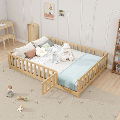 Okak Full Size Platform Bed Frame with Door & Fence,Wooden Floor Bed for Toddlers/Kids Bedroom