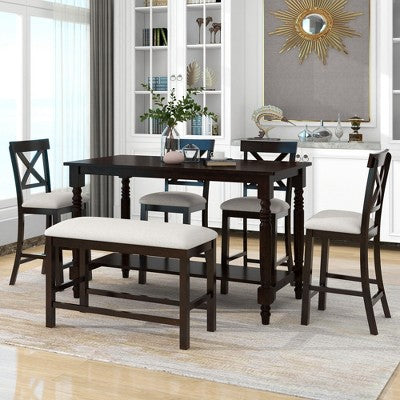 Whisen 6-Piece Counter Height Dining Table Set with Shelf 4 Chairs and Bench