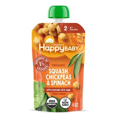 HappyBaby Organics Stage 2 Squash Chickpeas and Spinach with Avocado Oil & Sage Baby Food Pouch - 4oz