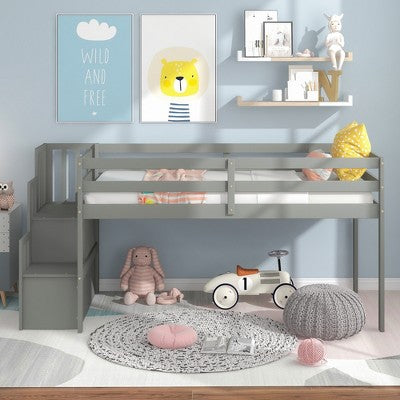 MATEERTY Loft Bed with Staircase Gray