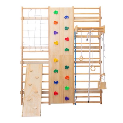 Ridstar 78.7 in. W Multi-functional 10-in-1 Indoor Climbing Set with Rock Climbing Wall, Wooden Swing & Gymnastics Rings-Brown