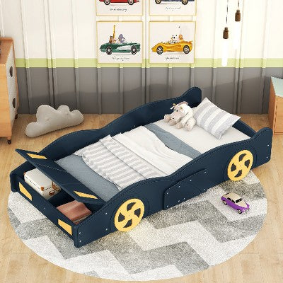 Lyngins Twin Size Race Car-Shaped Platform Bed Frame with Decorative Wheels & Built-In Storage, Wooden Toddler Bed with Safe Side Rails