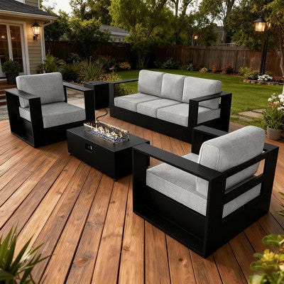 LayinSun Oversized Aluminum Outdoor Furniture Set, Patio Sofa Sets with Fire Pit Table, Deep Seating and Upgraded 6-inch Cushions
