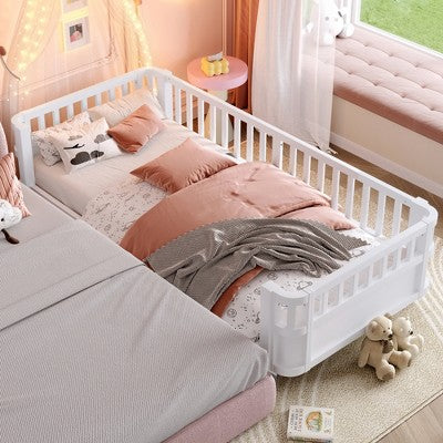 KTMBDW Montessori Toddler Floor Bed with Wood Slats for Girls and Boys, Bed Frame with Removable Safety Guardrails, White/Natural