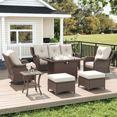 LayinSun Wicker Outdoor Furniture Set with 6-inch Comfy Cushions, High Back Patio Furniture Set with Swivel Rocking Chairs and Side Table