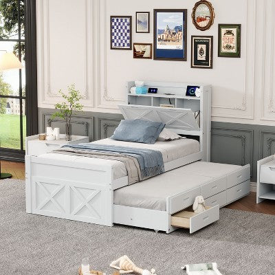 Okak Platform Bed Frame with Storage Headboard and 3 Drawers Wooden Platform Extendable Bed with Trundle and Outlets