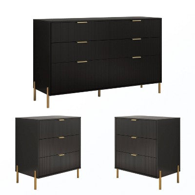 Festivo 3pc Modern Elegance 3 Drawer Nightstands and 6 Drawer Dresser Set Black