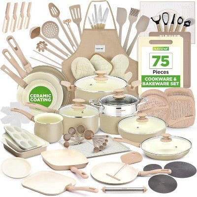 NutriChef 75-Piece Home Kitchen Cookware & Bakeware Set – Ceramic Non-Stick Pots, Pans, Kitchen Tools & Utensils (Cream/Taupe/Brown)