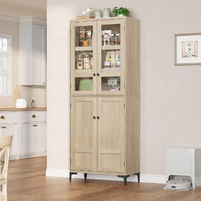 Storage Cabinet, Freestanding Kitchen Pantry Cabinet with 4 Doors and Adjustable Shelves, 71 Inch Tall Wooden Cupboard Buffet for Bathroom Dining