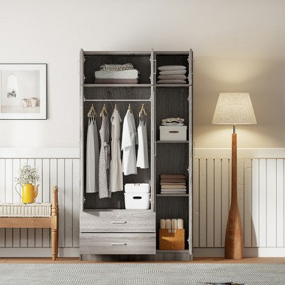 YOOCOZZ Modern 3-Door Freestanding Wardrobe with Lockable Top Drawer, Full-Length Mirror and Top Cabinets - Gray