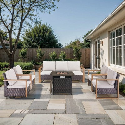 Gymojoy 6/8PCS 50000 BTU Gas Firepit Table with Outdoor 3-Seat Sofa Swivel Chair Ottoman Set