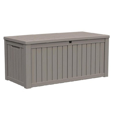 Gulches 150GAL Woodgrain Storage Box - 570L Capacity with Lockable Lid, Dual Compartments & Steel Supports,Light Brown