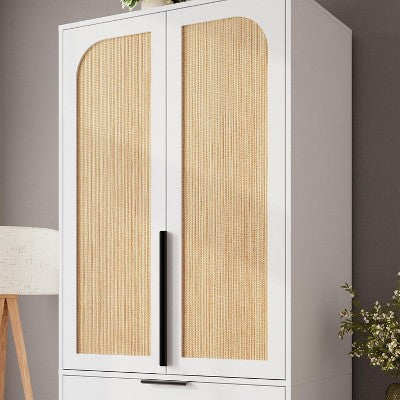 Acekool 69.5" Armoire Wardrobe Closet with 3 Drawers, Rattan Door, Wooden Storage Cabinet with Hanging Rod, Bedroom Organizer