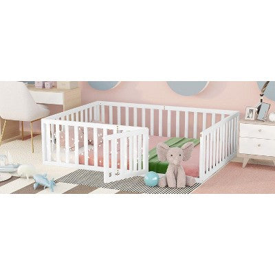 CAVINAS Full Size Wood Montessori Bed,Modern Floor Bed Frame with Safety Fence and Door,Toddler Bed for Bedroom