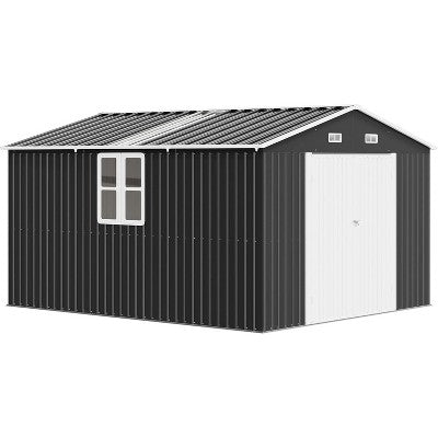 AMERLIFE Steel Storage Shed with 4-Pane Windows, Hinged Double Doors, Dark Grey/White