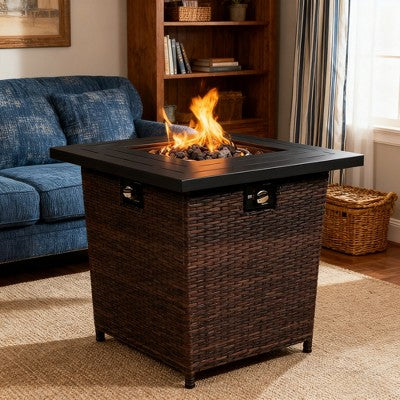 BAOURE 28-inch Black Square Propane Fire Pit Table, 50,000 BTU Outdoor Wicker Fire Pit with Ventilated Steel Top