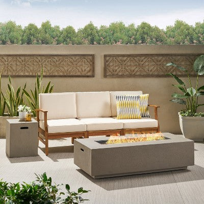 GDFStudio Abena Outdoor Acacia Wood 3 Seater Sofa with 50,000 BTU Fire Pit