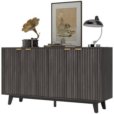 Fluted Sideboard Buffet Cabinet, 55" Coffee Bar Cabinet with 4 Doors, 2 Adjustable Shelves, 5 Wood Legs