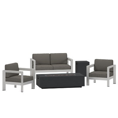 GDFStudio Alec Outdoor Aluminum 4 Seater Chat Set with Fire Pit