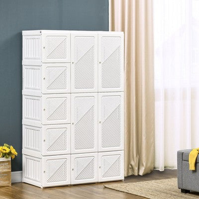 CAVINAS White Portable Wardrobe Closet,Clothes Storage Wardrobe with 11 Cube Compartments,1 Hanging Rod,11 Magnet Doors,Folding Bedroom Armoire