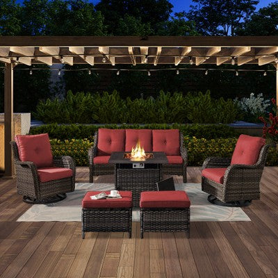 6PCS Patio Furniture Set with Fire Pit Table, Weather-Resistant Wicker Patio Fire Pit Set with Sofa, Swivel Patio Chair and 50000BTU Propane Fire Pit