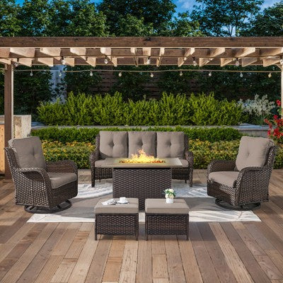 POCASSY 5-Piece Patio Furniture Set with Fire Pit Table, Brown Wicker Outdoor Fire Pit Set With Patio Sectional Sofa, Swivel Chair, Rattan Footrest