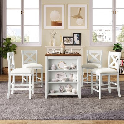5-Piece Rustic Farmhouse Dining Table Set Dining Set with Counter Bar Height Dining Table, 2 Dining Chairs and 2 Stools, Gray/White-ModernLuxe